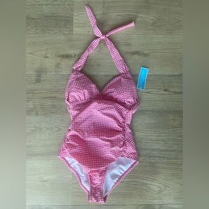 Draper James Gingham Seersucker Draped  Picnic Halter Swimsuit Shock Pink Small